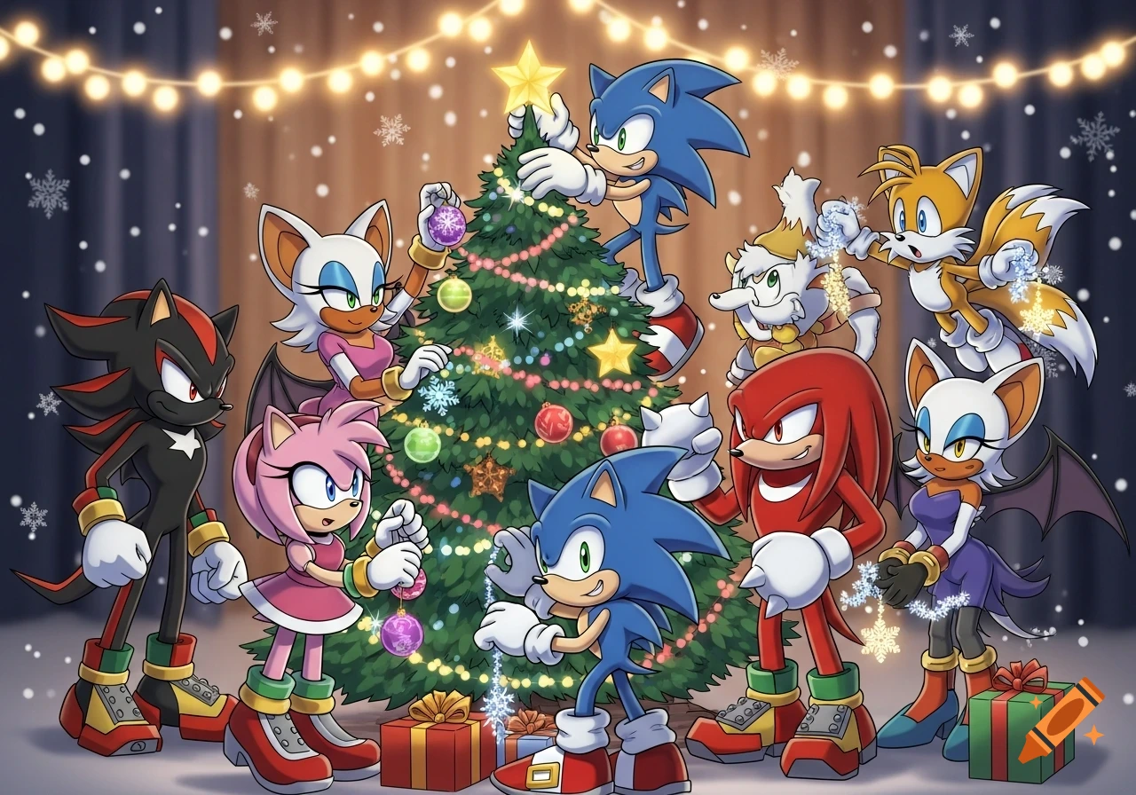 Sonic, Shadow, Amy, Knuckles, Rouge, and Tails decorate a Christmas tree with festive ornaments and lights.