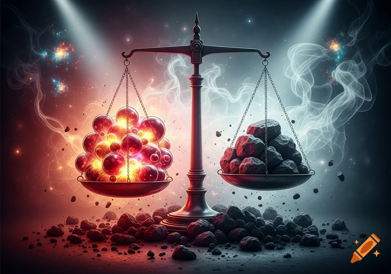 An abstract, symbolic image of an unbalanced scale. One pan holds glowing red orbs, the other dark rocks, against a cosmic, smoky background.