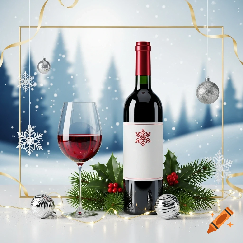 A photorealistic image of a wine bottle and glass of red wine amidst Christmas decorations, snow, and winter forest background.