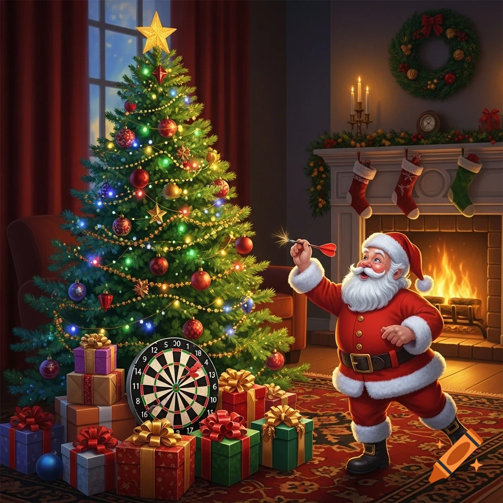 Santa Claus throws a dart at a dartboard next to a festive Christmas tree with gifts by a fireplace.