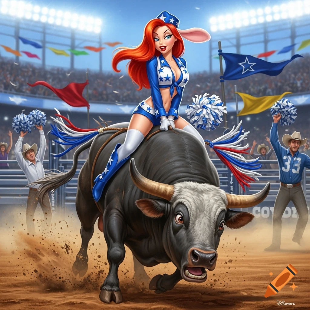 Jessica Rabbit as a Dallas Cowboys cheerleader rides an angry bull at a lively rodeo, with cheering cowboys in the background.