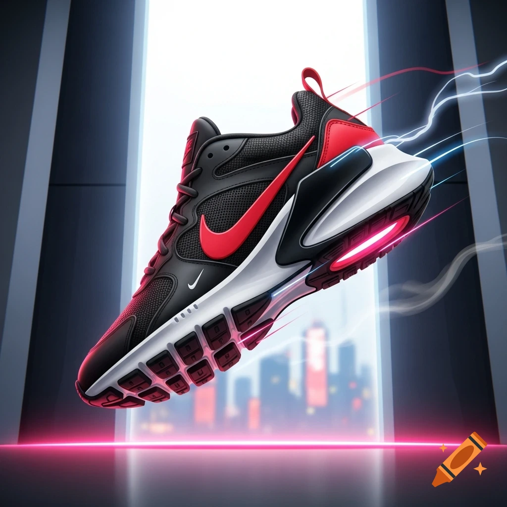 A black and red Nike sneaker with glowing pink accents floats above a reflective surface with a blurred city skyline background.