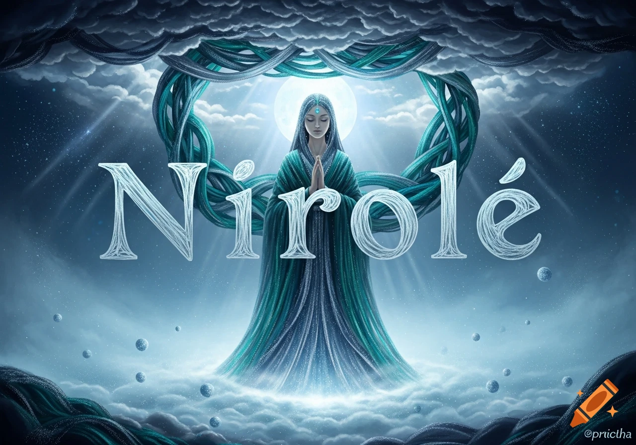 A serene woman with closed eyes meditates under a full moon, framed by a woven arch, with the text 'Nirolé' floating in front. Mystical art.