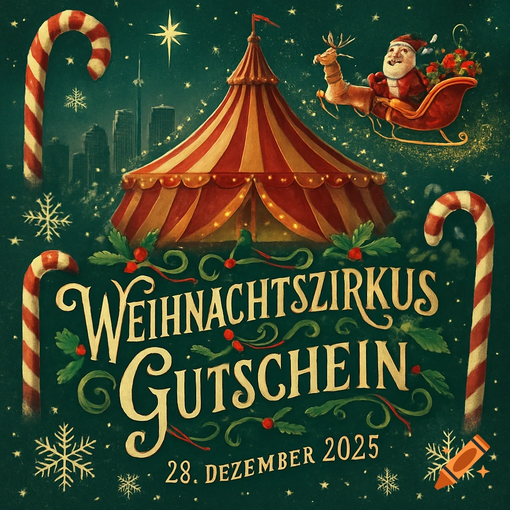 Vintage Christmas circus voucher with a big tent, Santa in a sleigh, candy canes, and snowflakes on a dark green background. Text reads "WEIHNACHTSZIRKUS GUTSCHEIN" and "28. DEZEMBER 2025"
