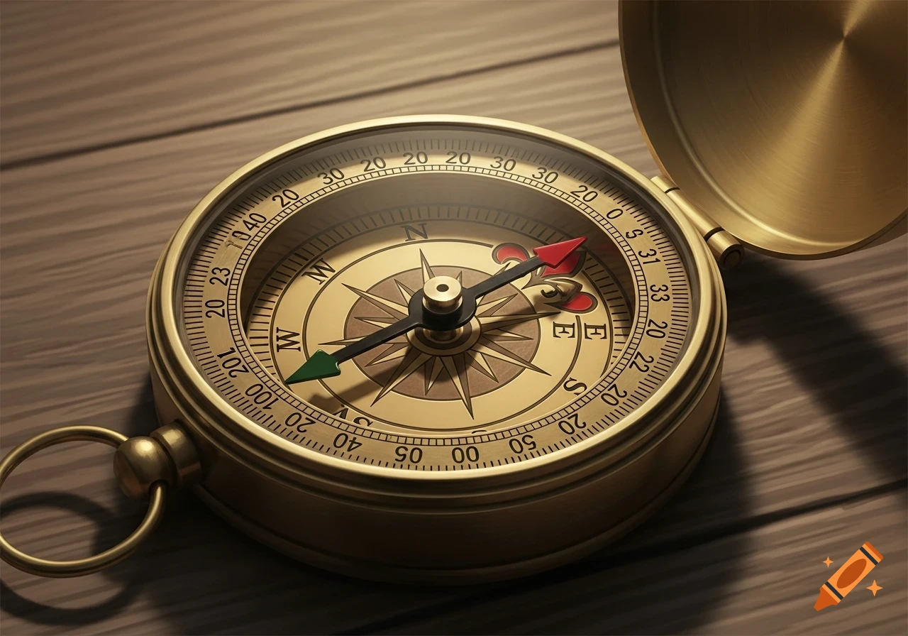 A detailed, vintage brass compass with an open lid rests on a wooden table, its needle pointing.