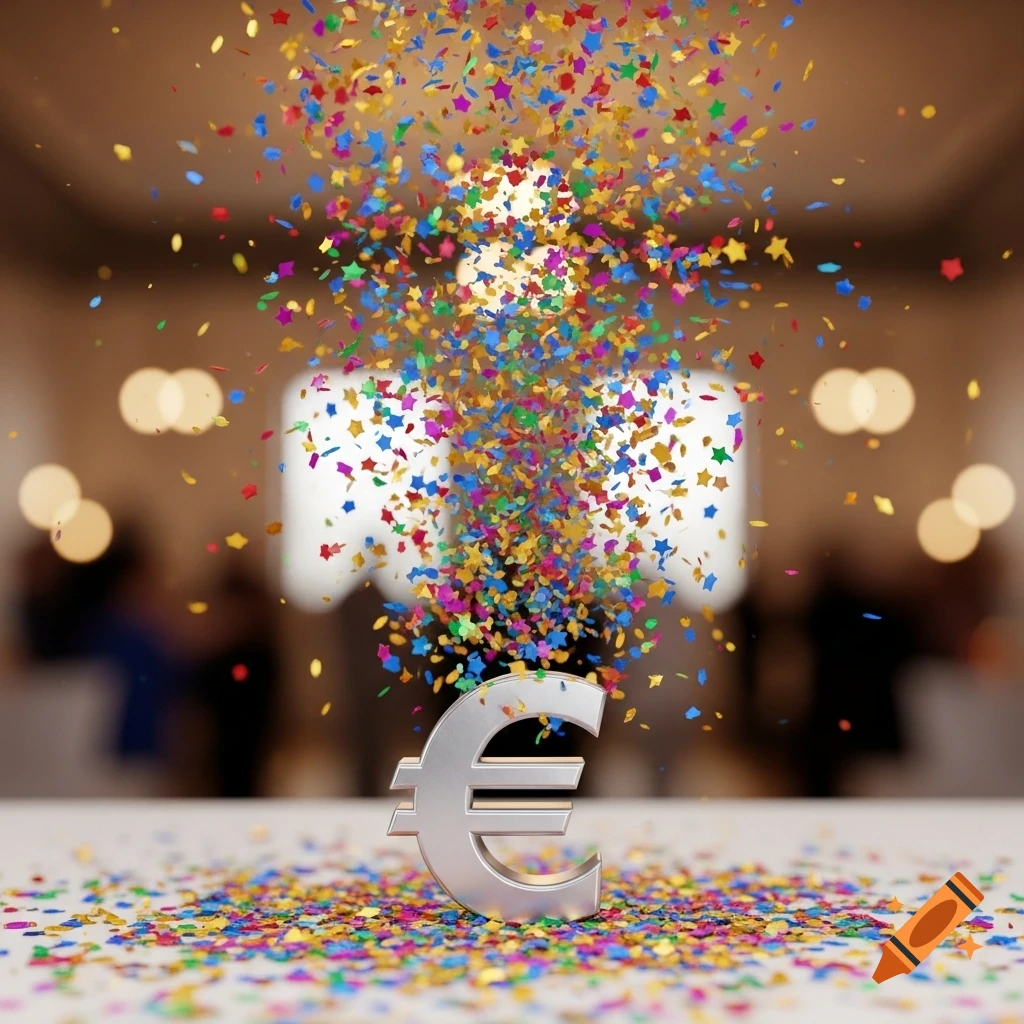 A silver Euro currency symbol stands amidst a shower of colorful star-shaped confetti, with a blurred background of lights.