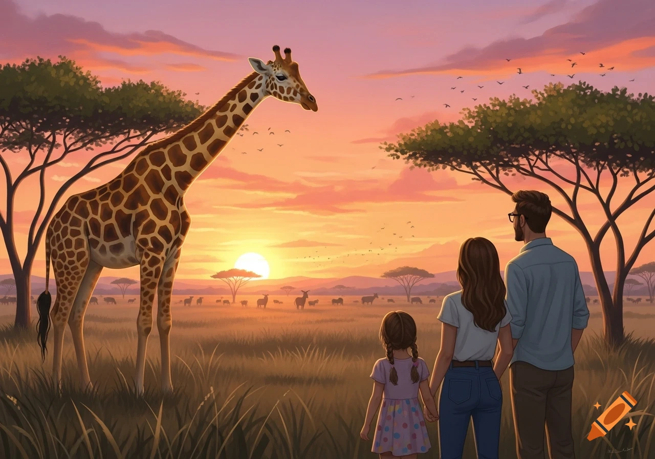 An illustrated family (man, woman, and daughter) watches a giraffe in a savanna at sunset.