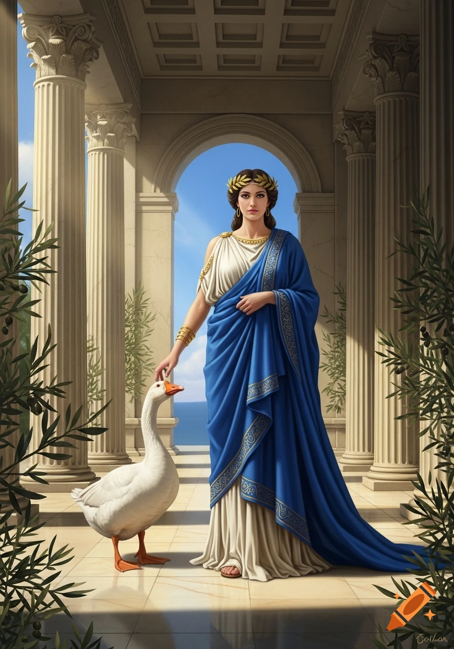 A goddess in classical blue and white attire pets a white goose within an ancient Greek temple overlooking the sea.