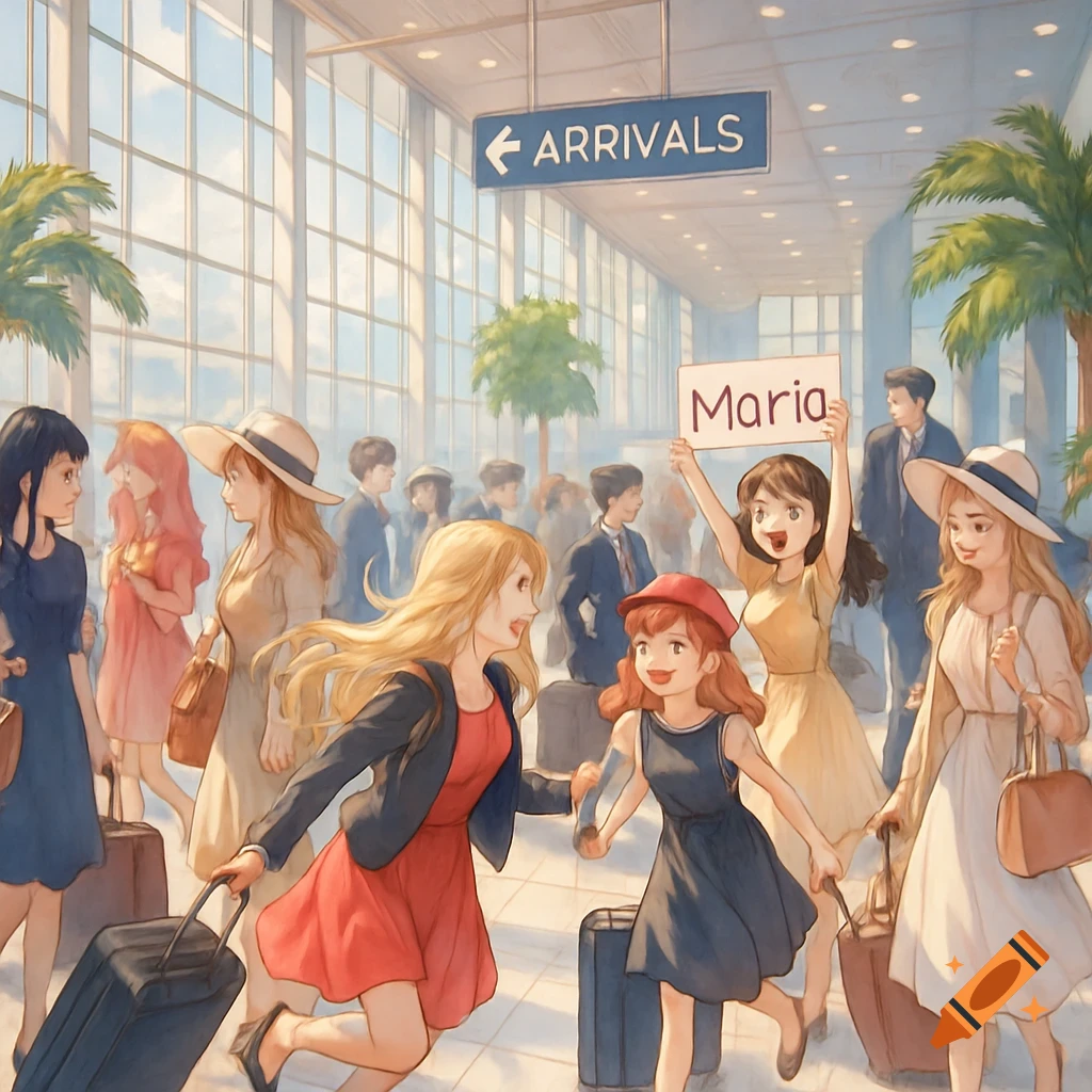 Anime style illustration of a bustling airport arrivals hall. People with luggage reunite, one woman holding a 'Maria' sign.