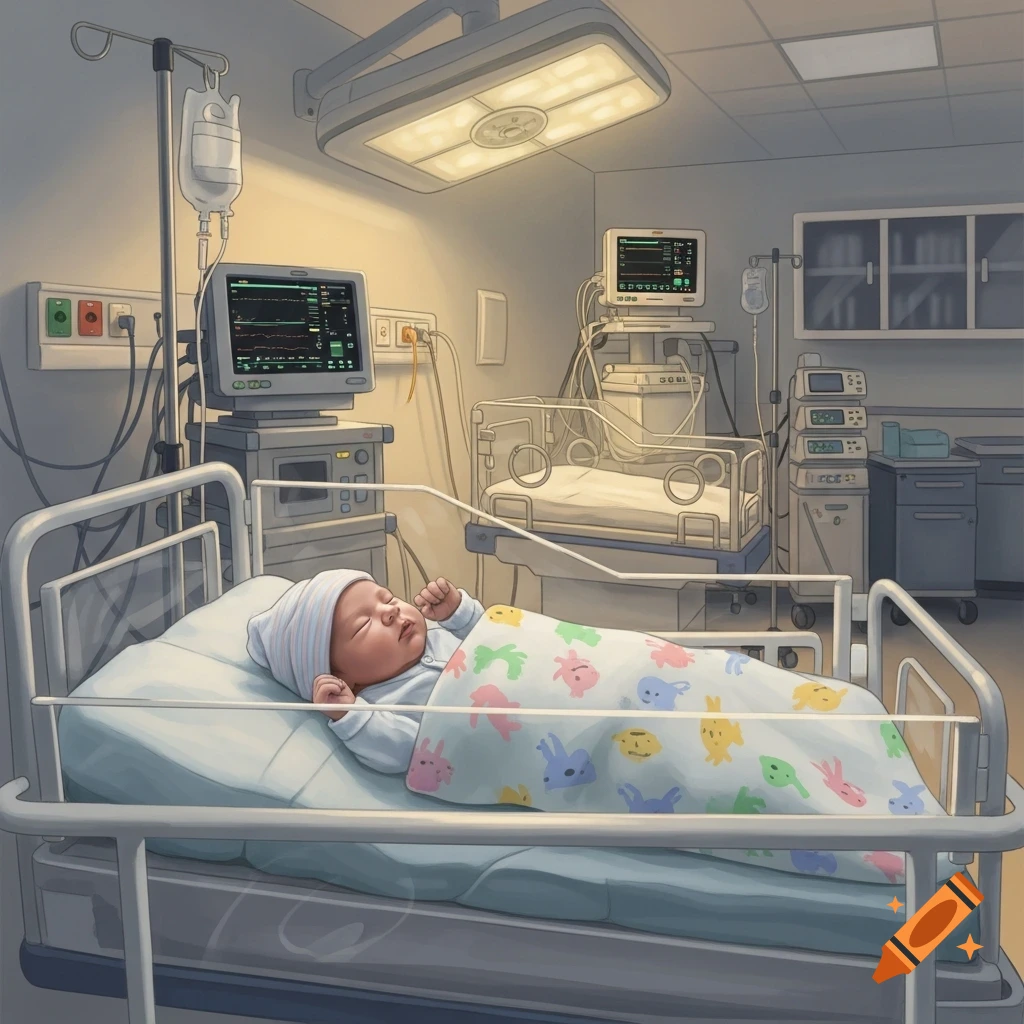 A baby sleeps peacefully in a hospital bed, surrounded by medical equipment, in an illustrative style.