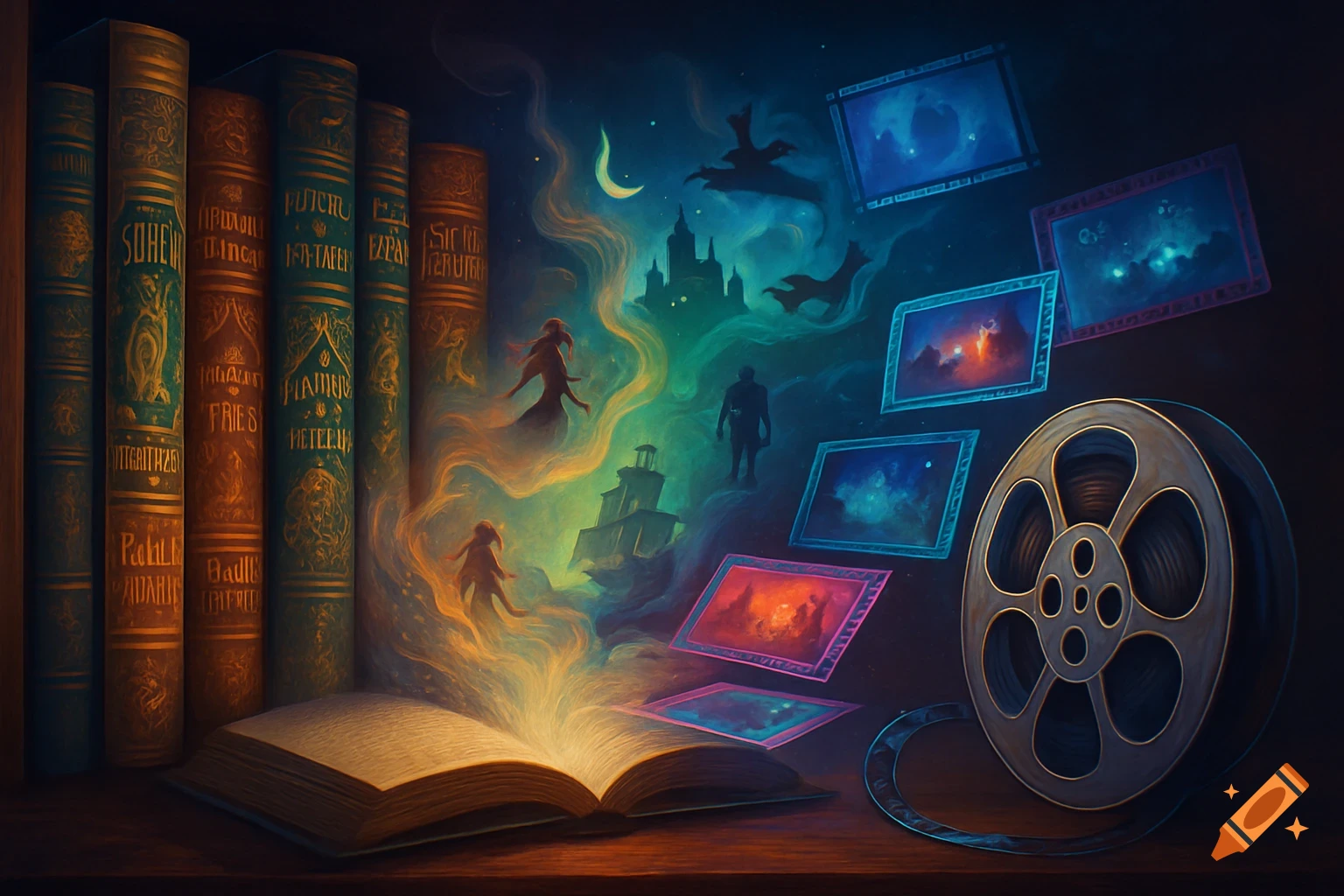 An open book on a wooden surface emits a magical glow, revealing fantasy scenes with figures, a castle, and bats, while a film reel and movie frames float nearby, symbolizing stories and cinema.