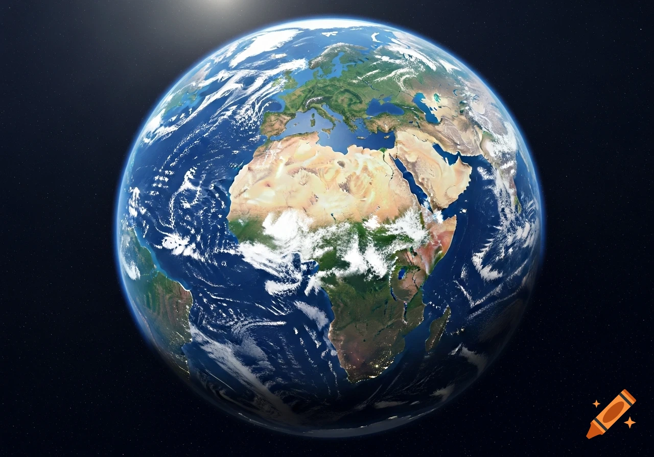 Detailed photorealistic view of Earth from space, showing Africa, Europe, and parts of Asia and South America without polar ice caps.
