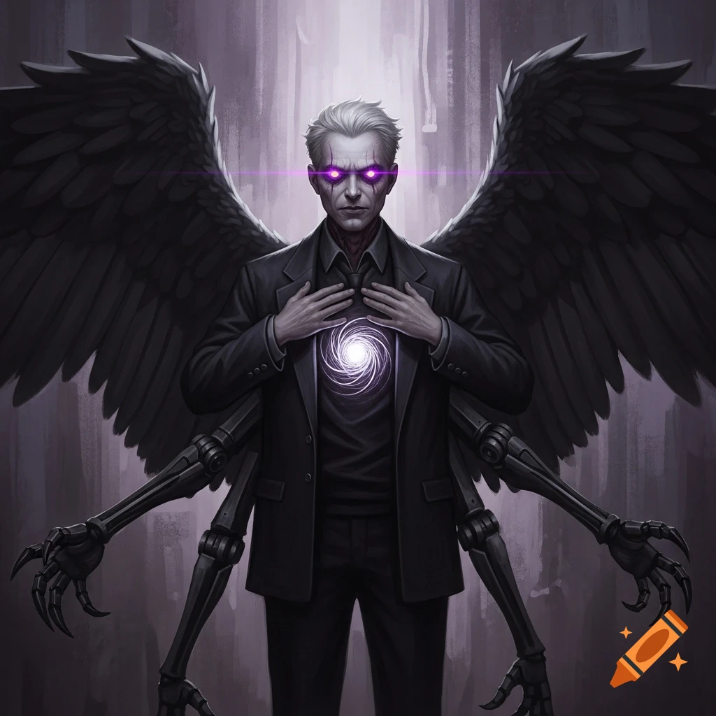 A man with pale skin, white hair, and glowing purple eyes wears a black suit, flanked by large black wings and six mechanical arms, with a swirling white void in his chest.