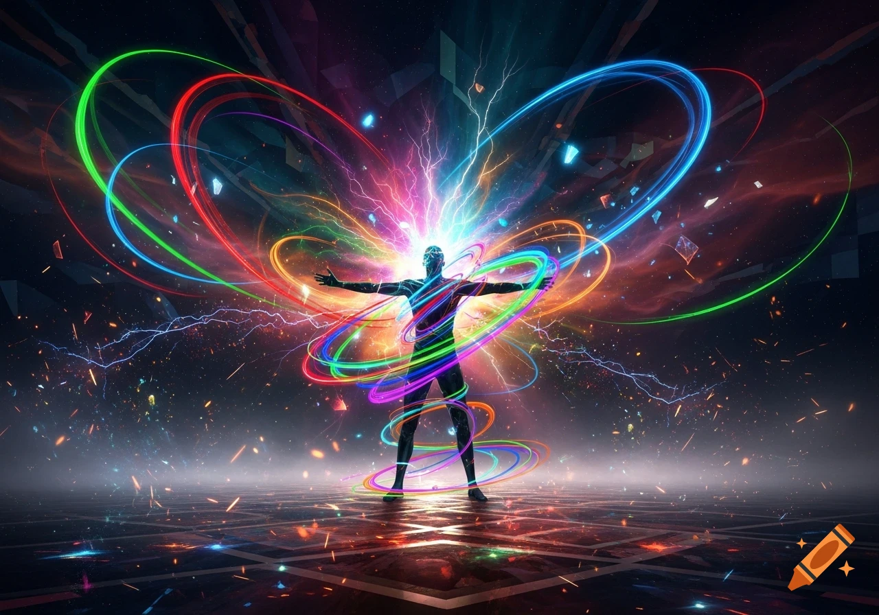 A silhouette of a person with outstretched arms amidst a burst of colorful, glowing energy and light trails in a dark, abstract space.