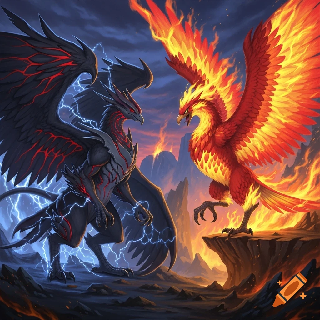 A black and red winged creature crackling with lightning faces a fiery red and yellow phoenix in a dramatic fantasy landscape.