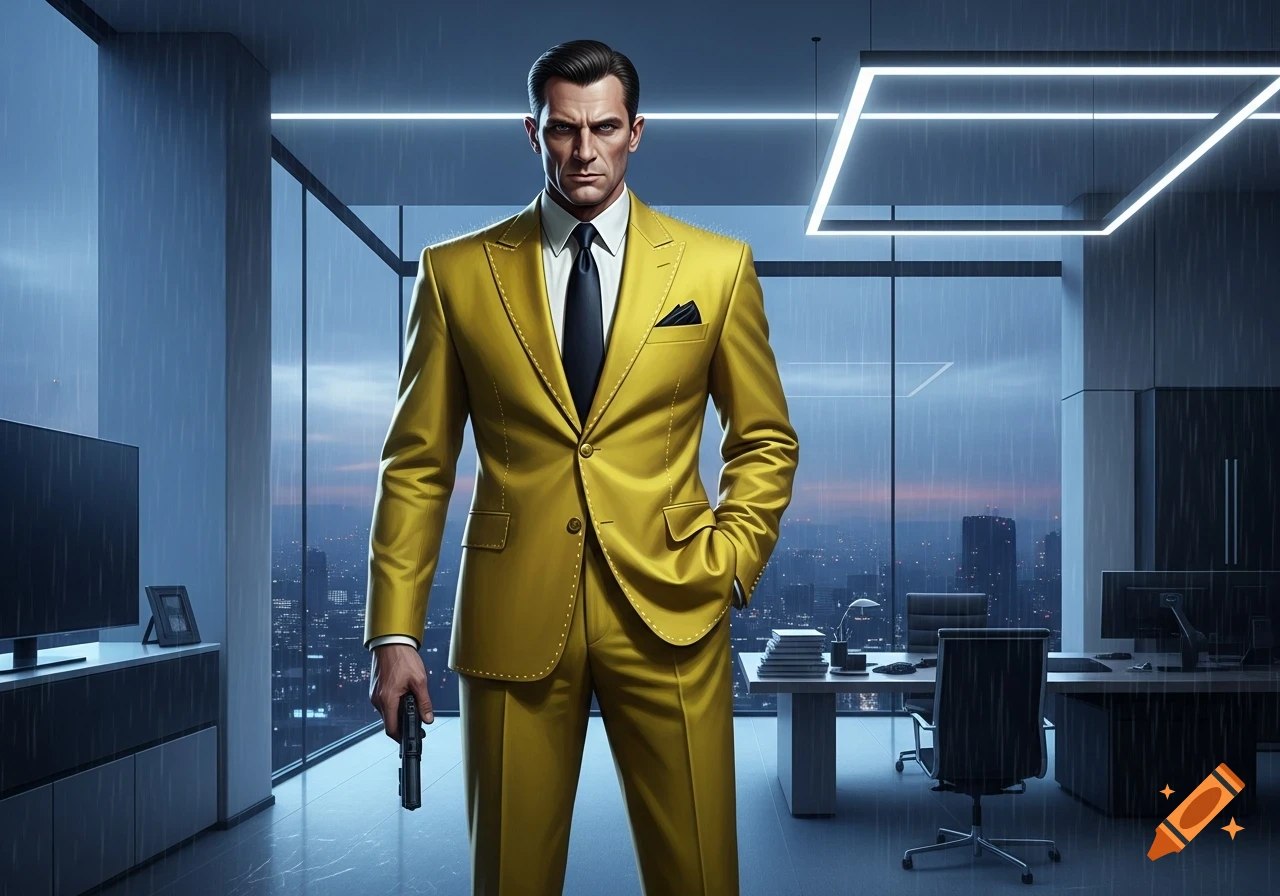 A man in a bright yellow suit and black tie stands holding a gun in a modern office overlooking a rainy city skyline at night.