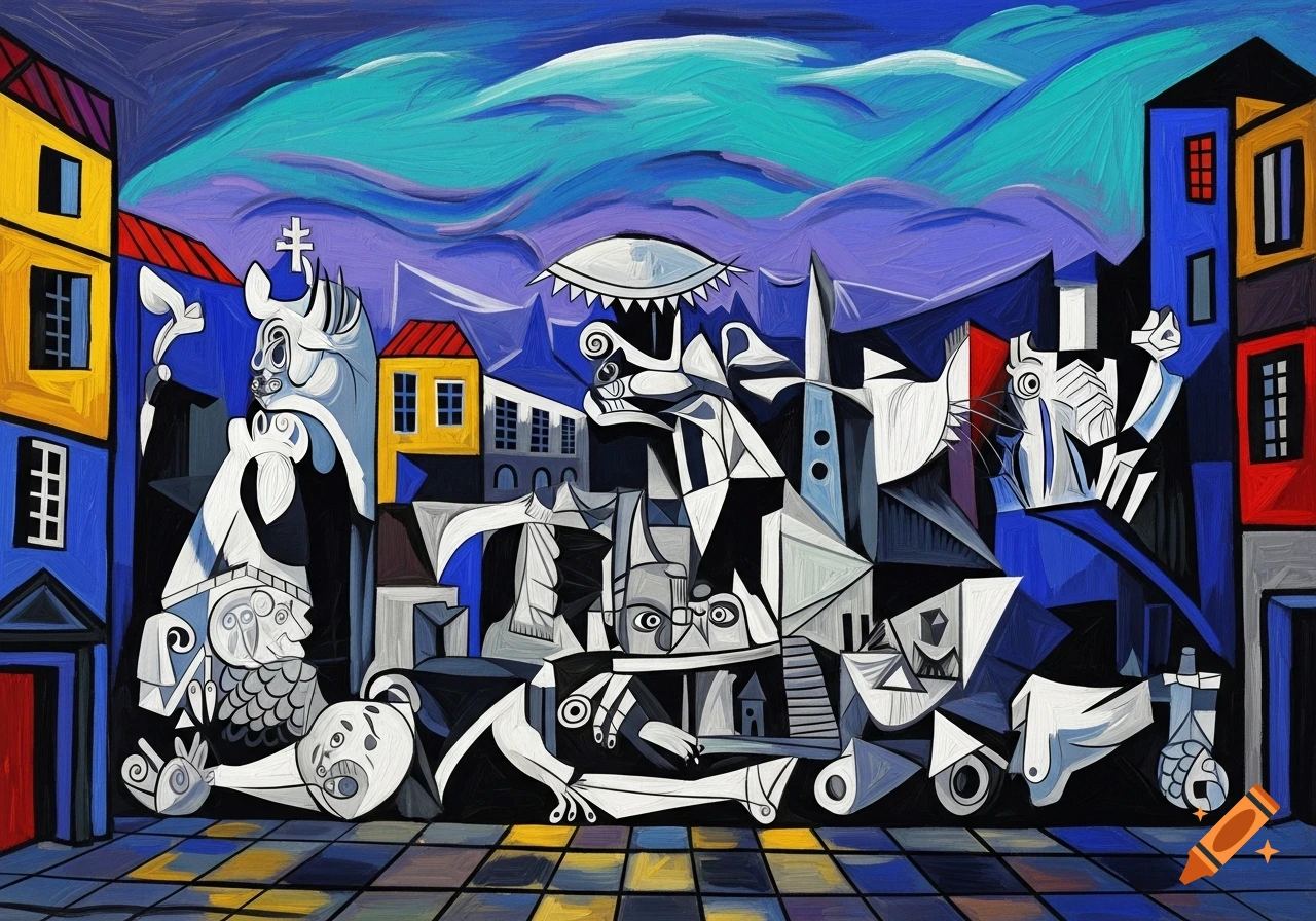A colorful cubist painting depicting a fragmented city scene with buildings, figures, and abstract shapes under a vibrant sky.