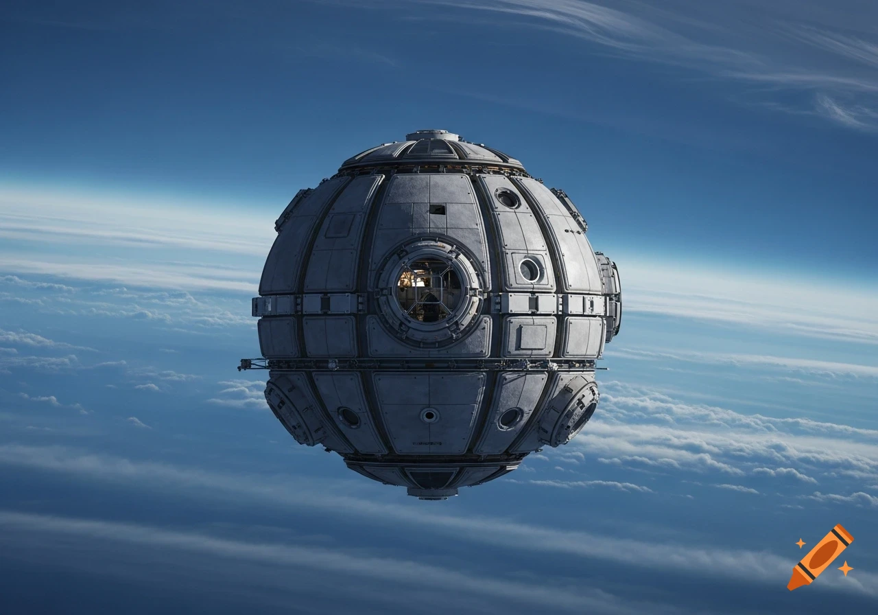 Photorealistic detailed spherical atmospheric research habitat floating in deep blue and cyan cloud layers.
