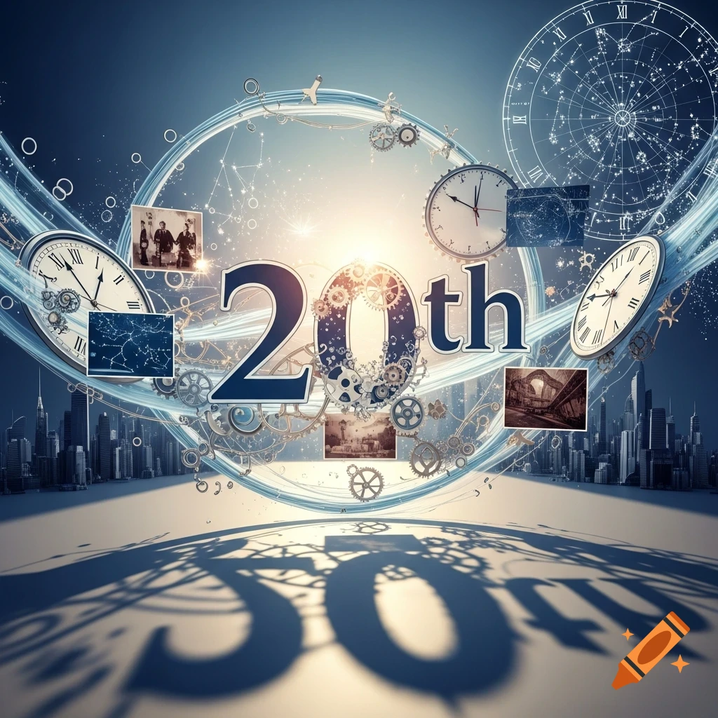Stylized '20th' with gears, clocks, constellations, and historical images above a cityscape, casting a large shadow.