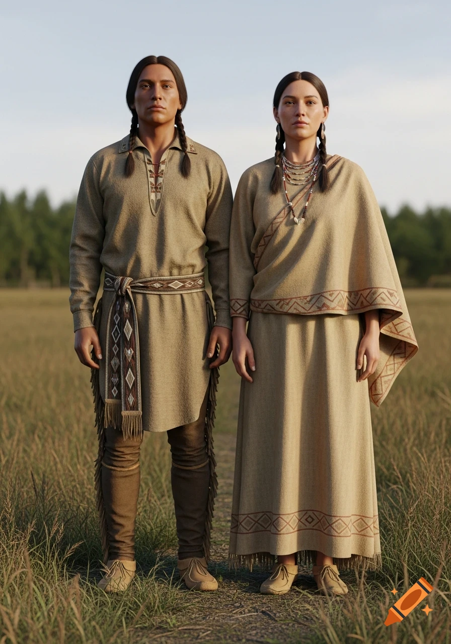 Photorealistic image of an Iroquois man and woman in traditional historical clothing, standing in a grassy field.