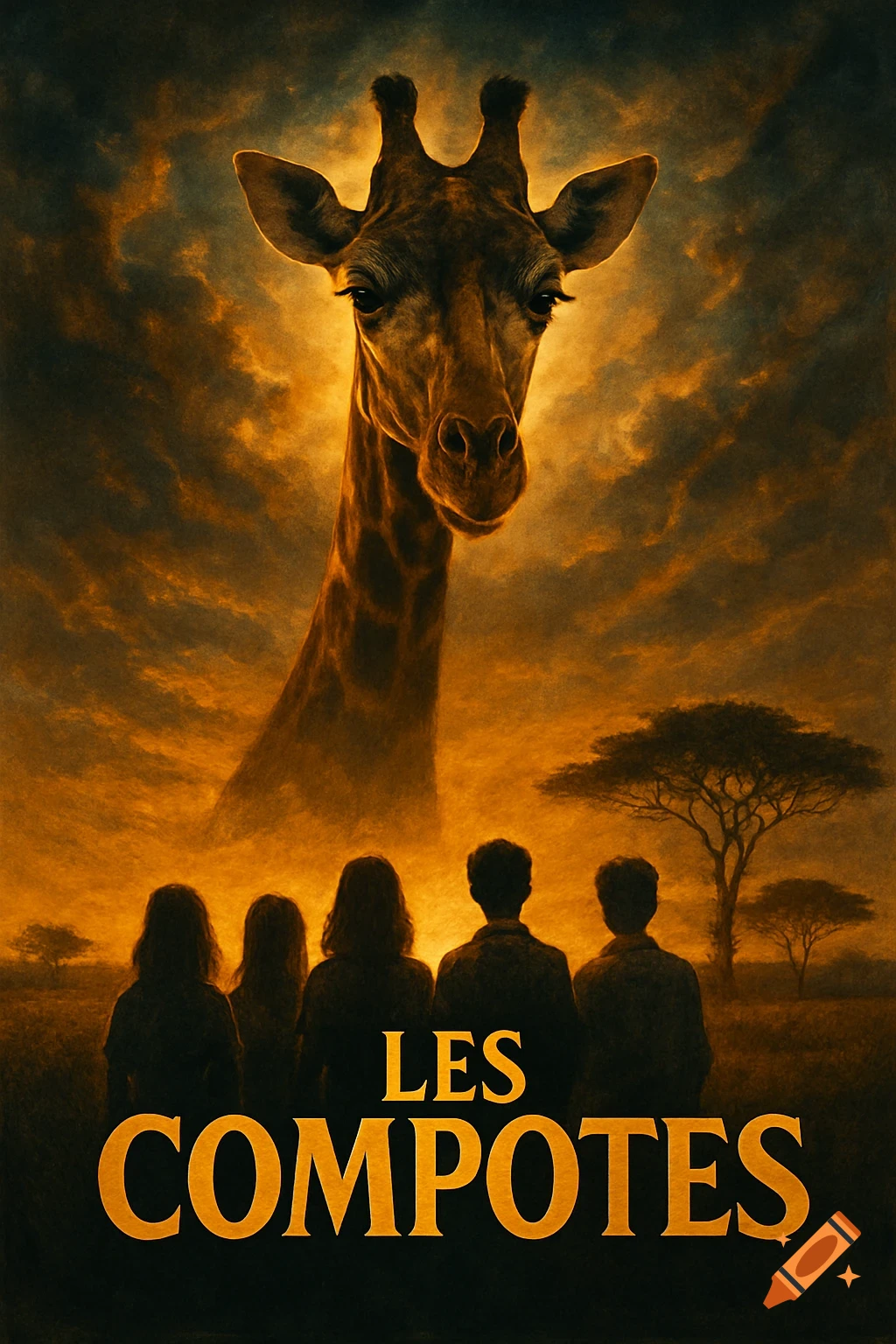 Epic movie poster with a giant giraffe looming over five silhouetted people in a savanna sunset, titled 'LES COMPOTES'.