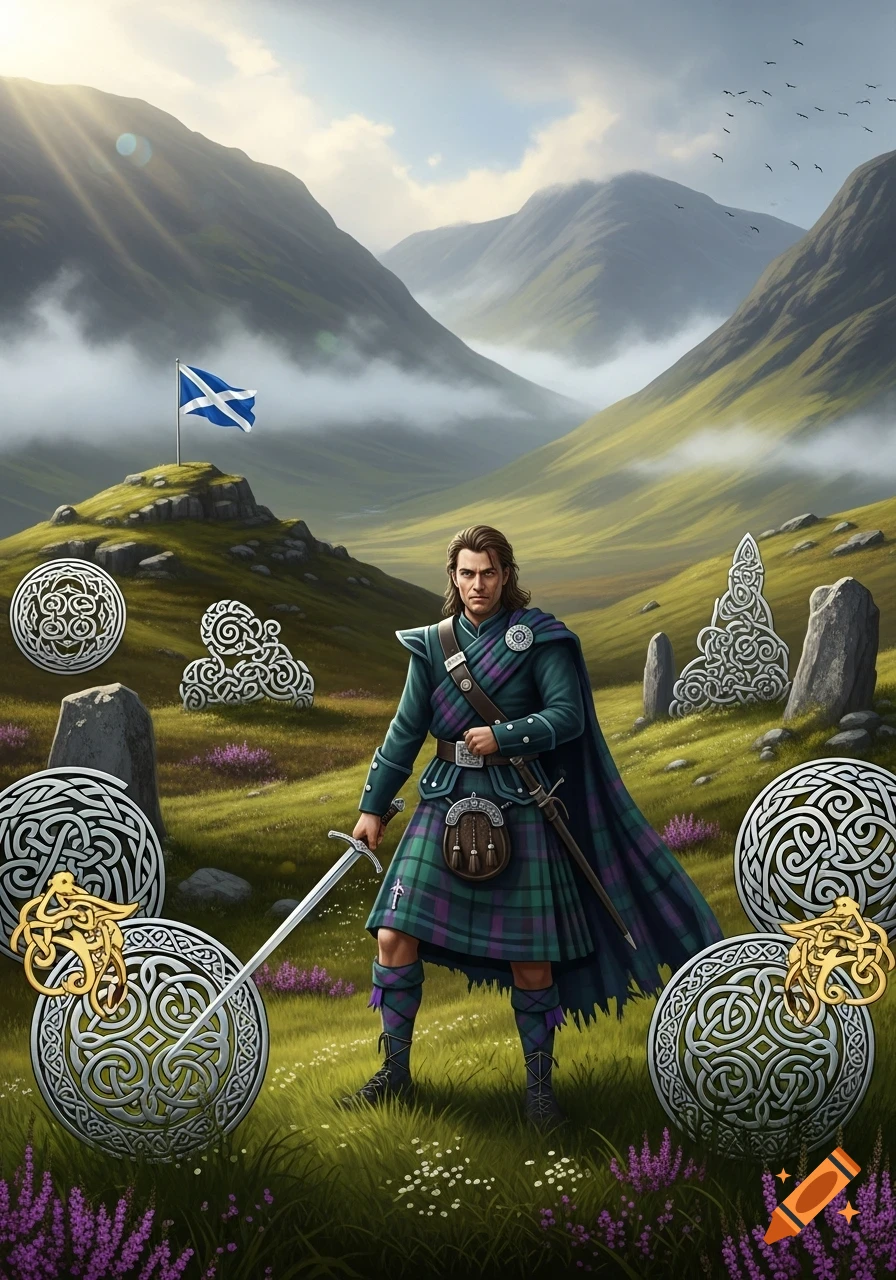 A man in a kilt and cloak, holding a sword, stands in a misty Scottish mountain valley with a Scottish flag and Celtic patterns.