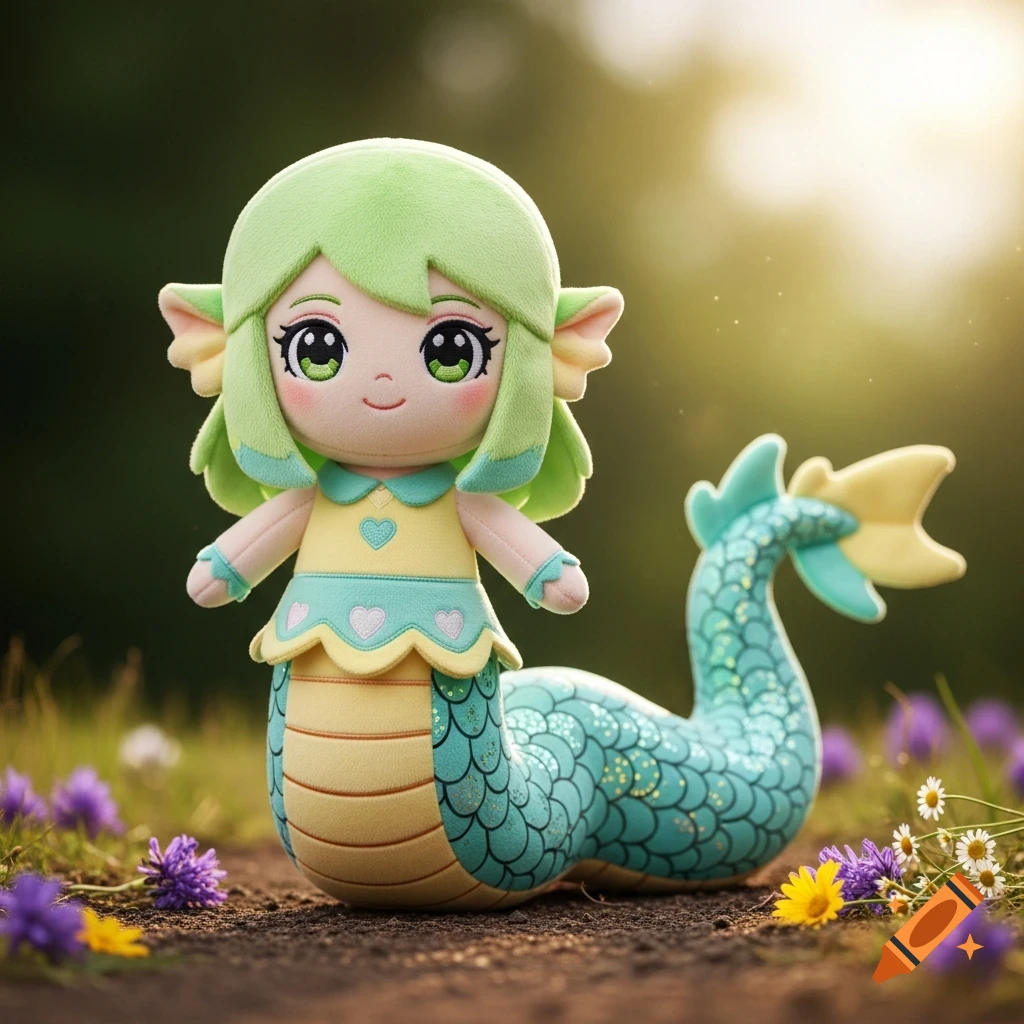 Photograph of a cute plush lamia toy with green hair and a scaly teal and yellow tail, sitting on a dirt path with flowers.