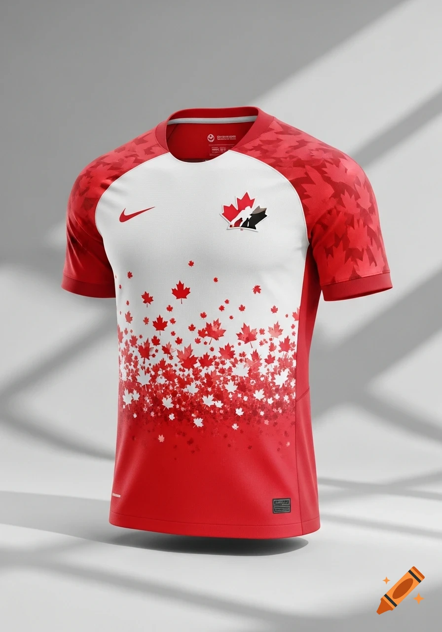 A red and white soccer jersey with a maple leaf design, Nike logo, and Canadian team emblem displayed.
