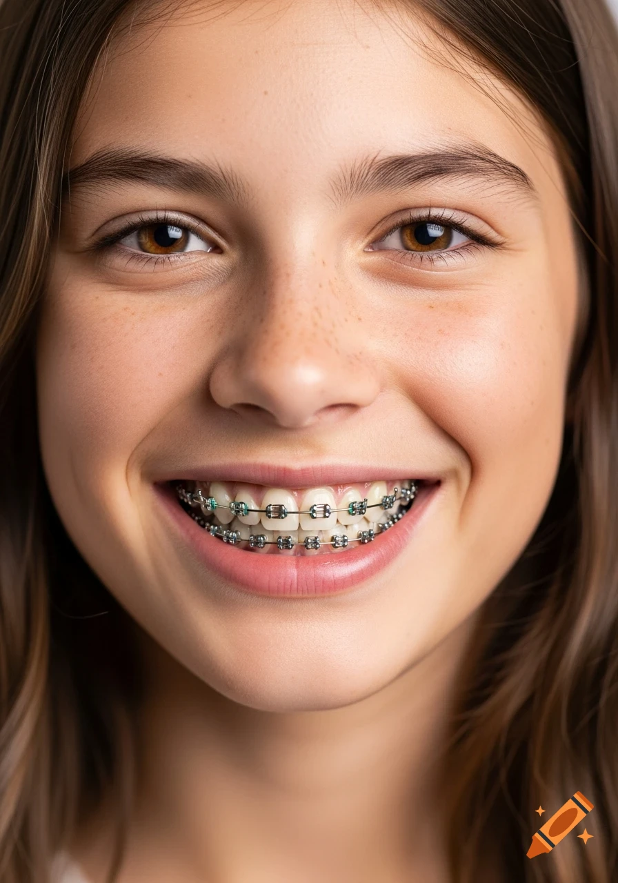 A close-up, photorealistic portrait of a smiling young girl with dental braces.