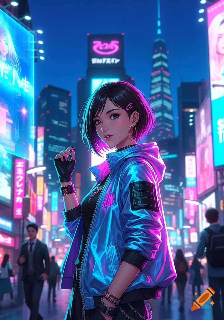 An anime girl with short dark hair and neon pink highlights, wearing a glowing blue bomber jacket, stands in a neon-lit cyberpunk city at night.