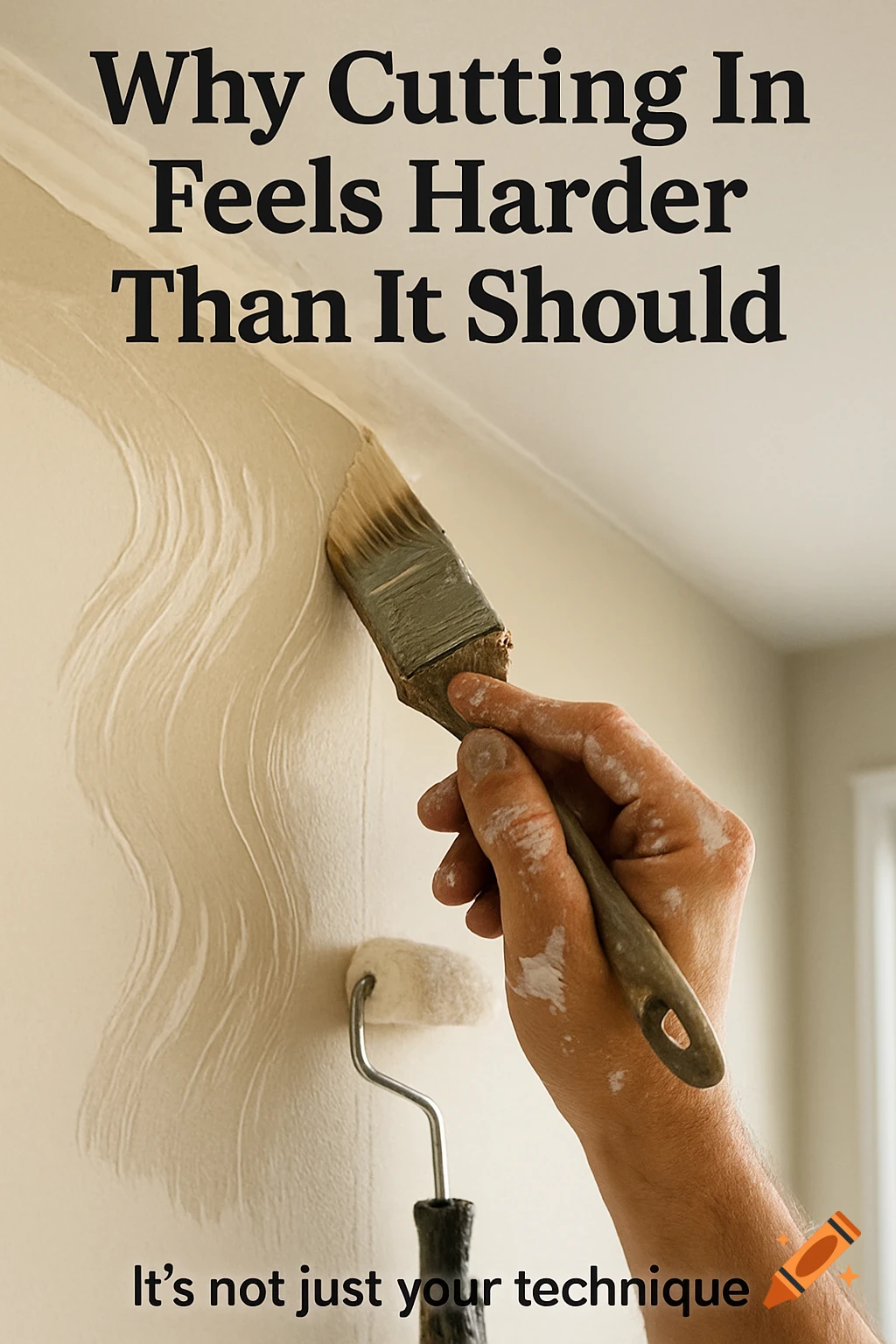 A close-up shot of a hand painting a wall along the ceiling line, with uneven paint strokes from a brush and a small roller below. Text reads: "Why Cutting In Feels Harder Than It Should It's not just your technique."
