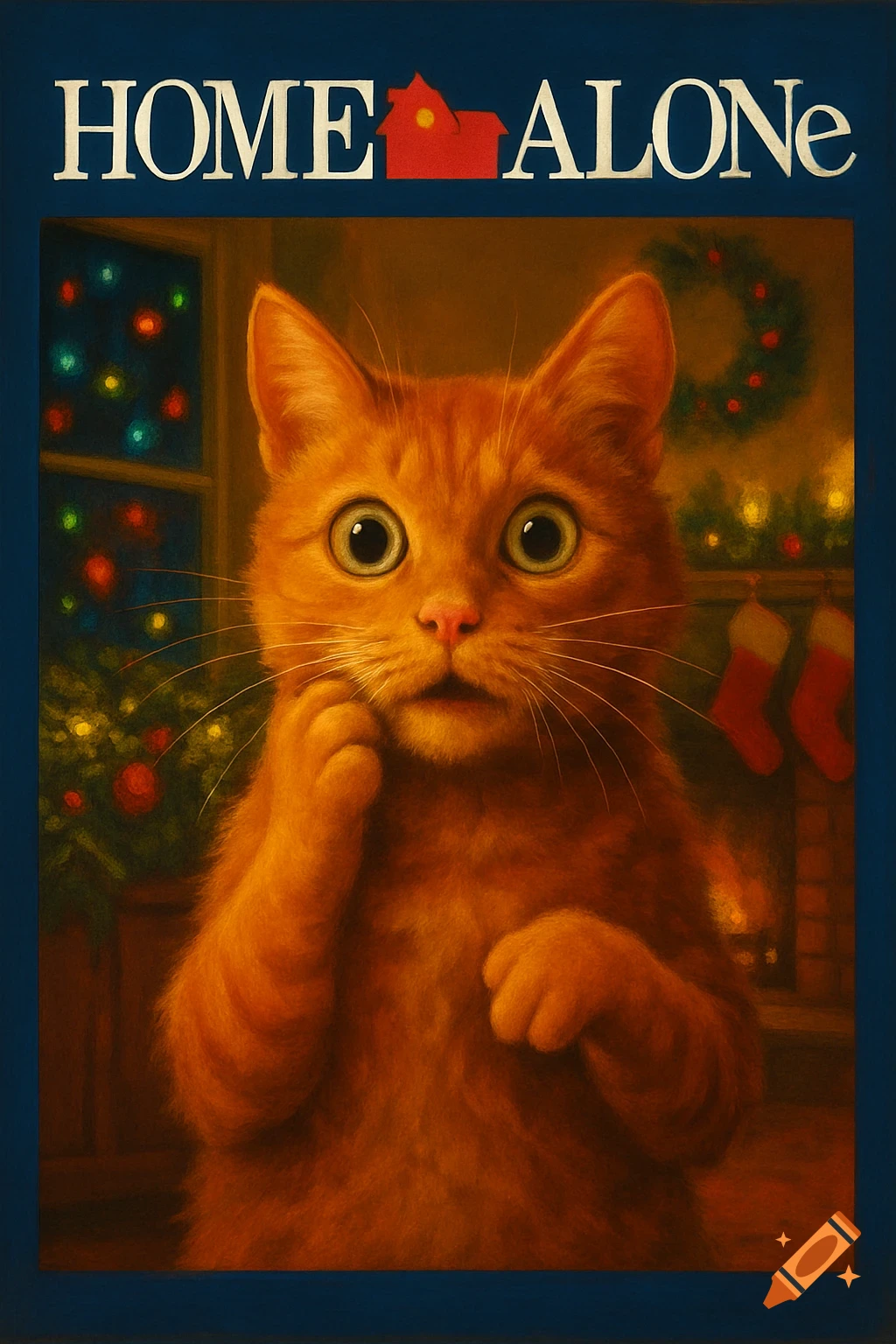 A wide-eyed ginger cat mimicking Macaulay Culkin's pose on a Home Alone movie poster, set in a festive room with Christmas decorations.