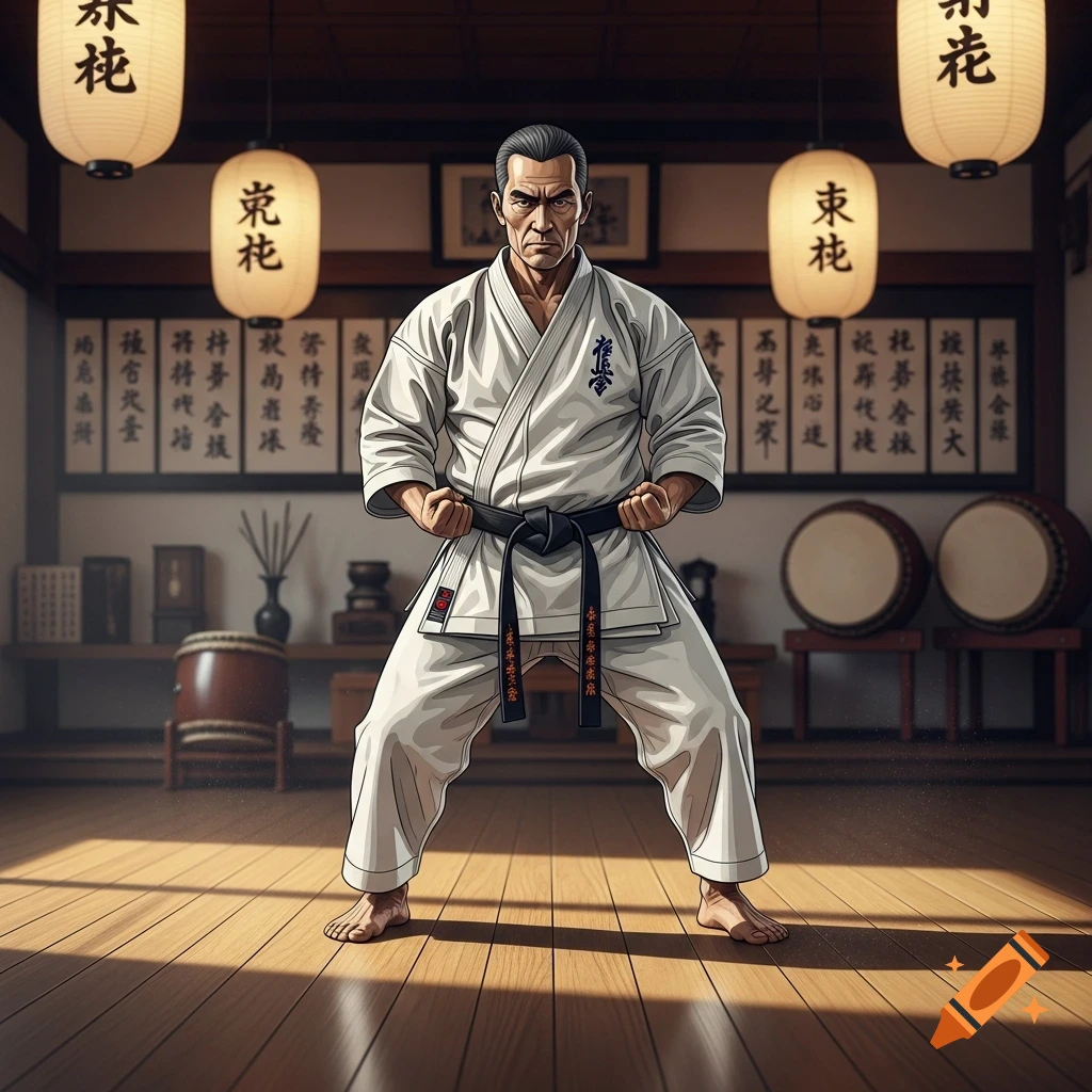 An illustration of a man in a white karate gi and black belt, standing in a kiba dachi (horse stance) in a traditional dojo with lanterns and scrolls.