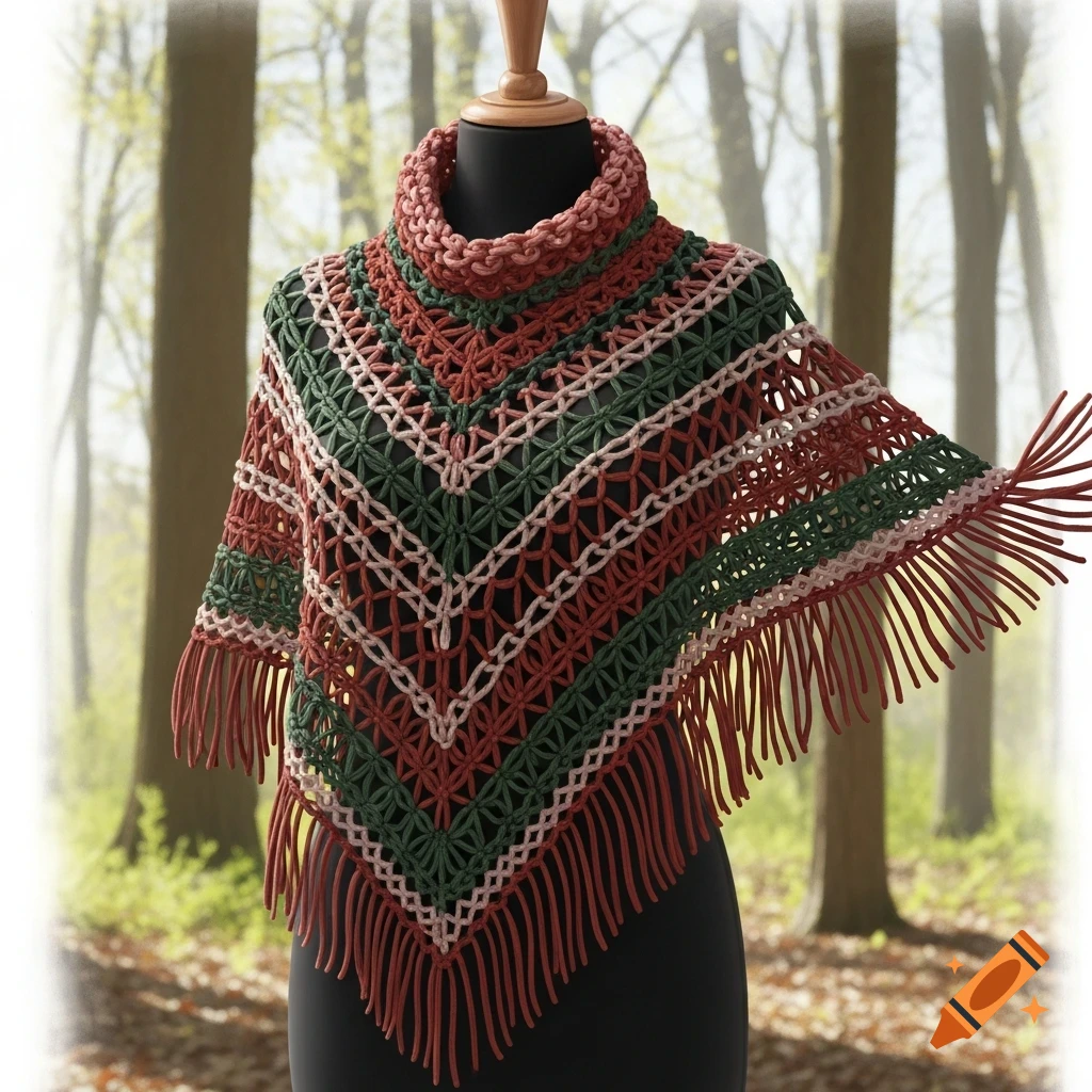 A red, green, and pink knitted poncho with an openwork pattern and fringes, displayed on a mannequin in a blurred forest setting.