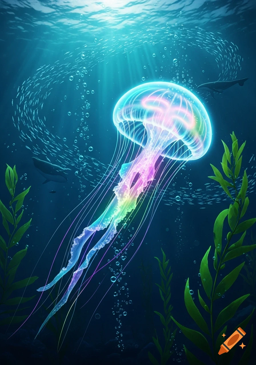 A glowing, rainbow-colored jellyfish drifts in a deep blue ocean, surrounded by schools of fish, bubbles, and kelp.