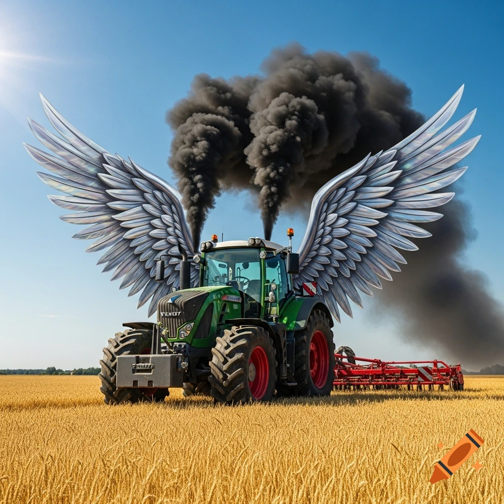 Photorealistic image of a green Fendt tractor with large silver wings, emitting thick black smoke, standing in a golden wheat field under a blue sky.