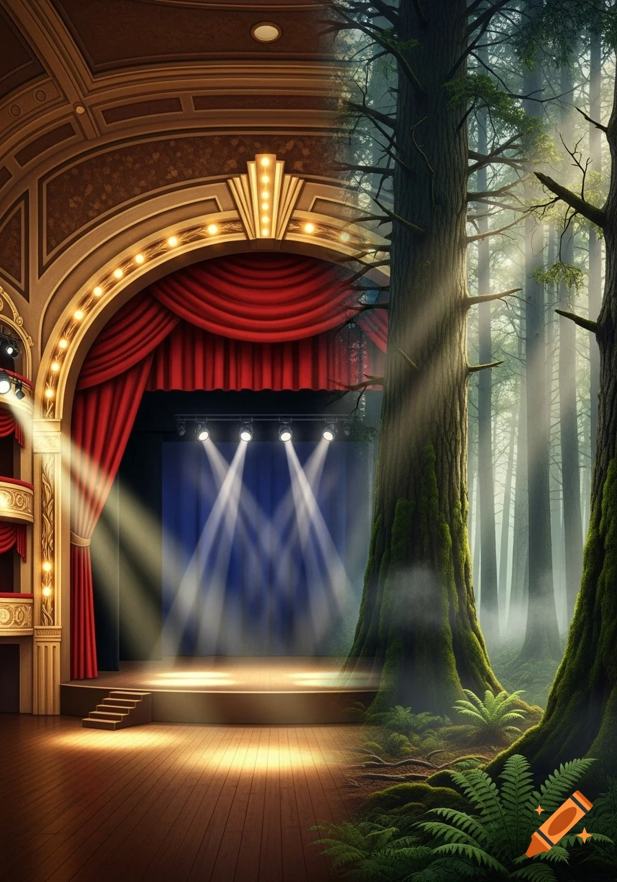 A conceptual split image showing a theatrical stage with red curtains on the left and a lush, sunlit forest on the right.