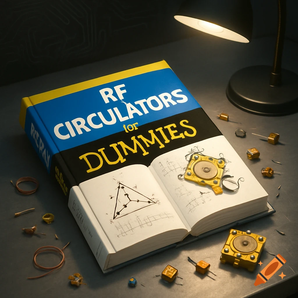An open electrical engineering textbook titled "RF Circulators for Dummies" on a desk with various small electronic components and a desk lamp shining light on it.