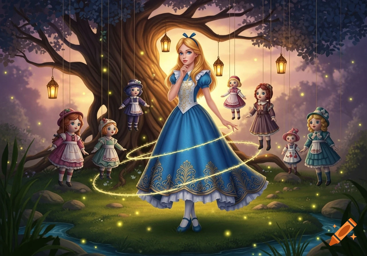 Alice in a blue dress stands in a magical forest with glowing lights, surrounded by several smaller doll figures hanging from tree branches.