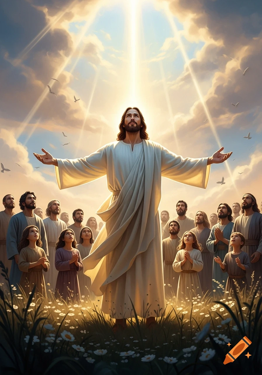 Jesus with outstretched arms looks up at bright heavenly light as a crowd of people and children gaze up from a grassy field, digital art.
