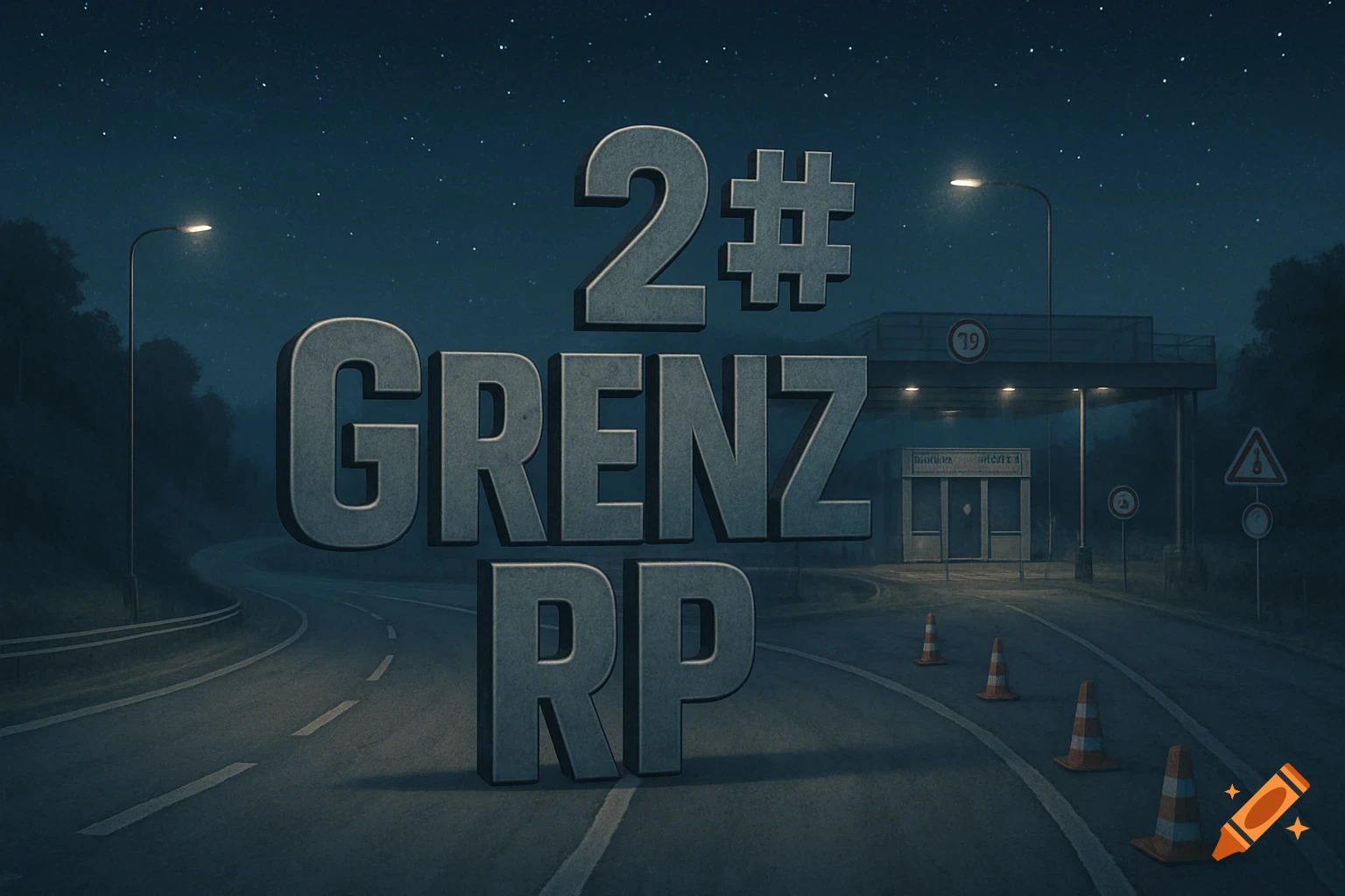 Large 3D text "2# GRENZ RP" on a dark, winding road at night, with streetlights and a distant checkpoint under a starry sky.