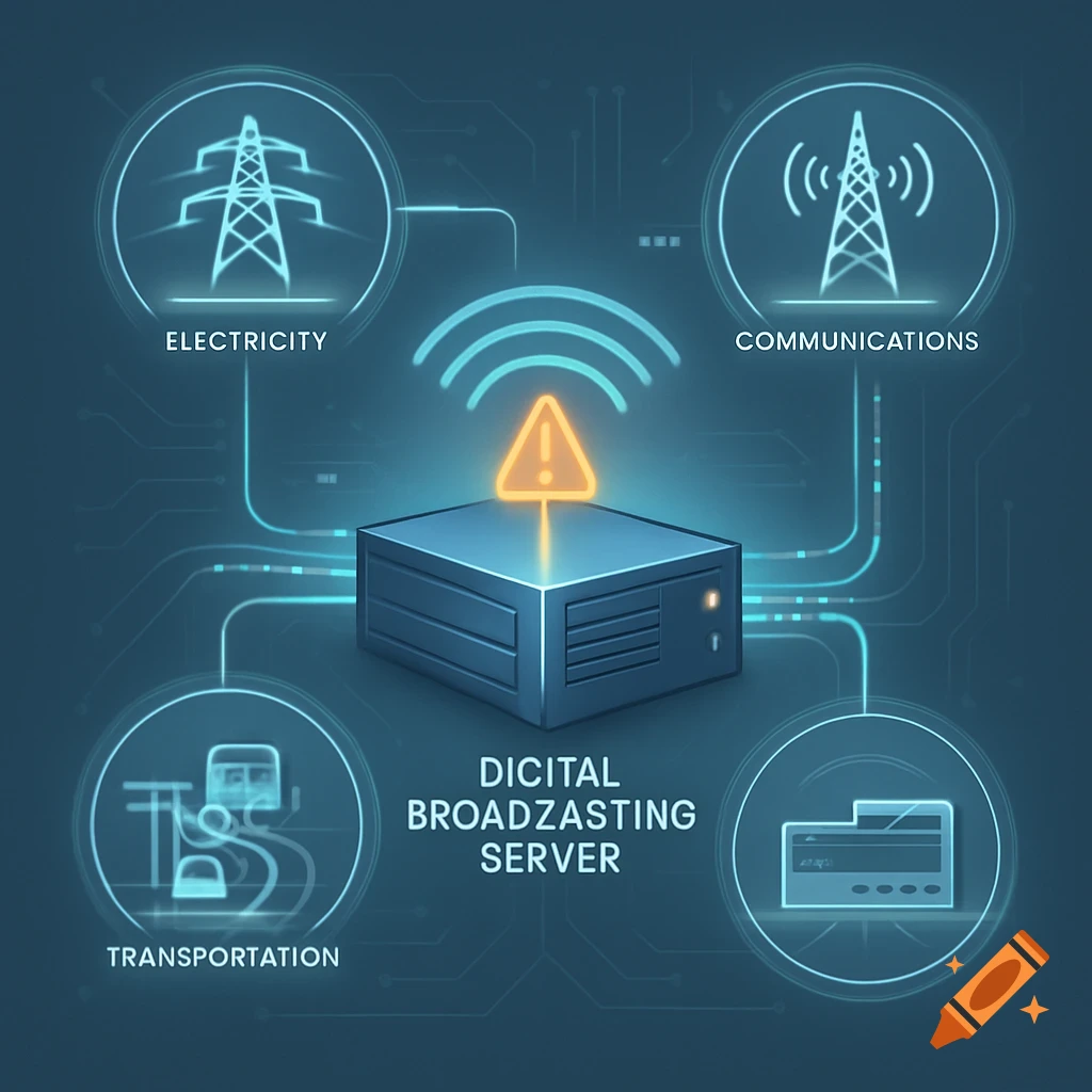 Digital block diagram showing a server connected to electricity, communications, and transportation with a warning symbol.