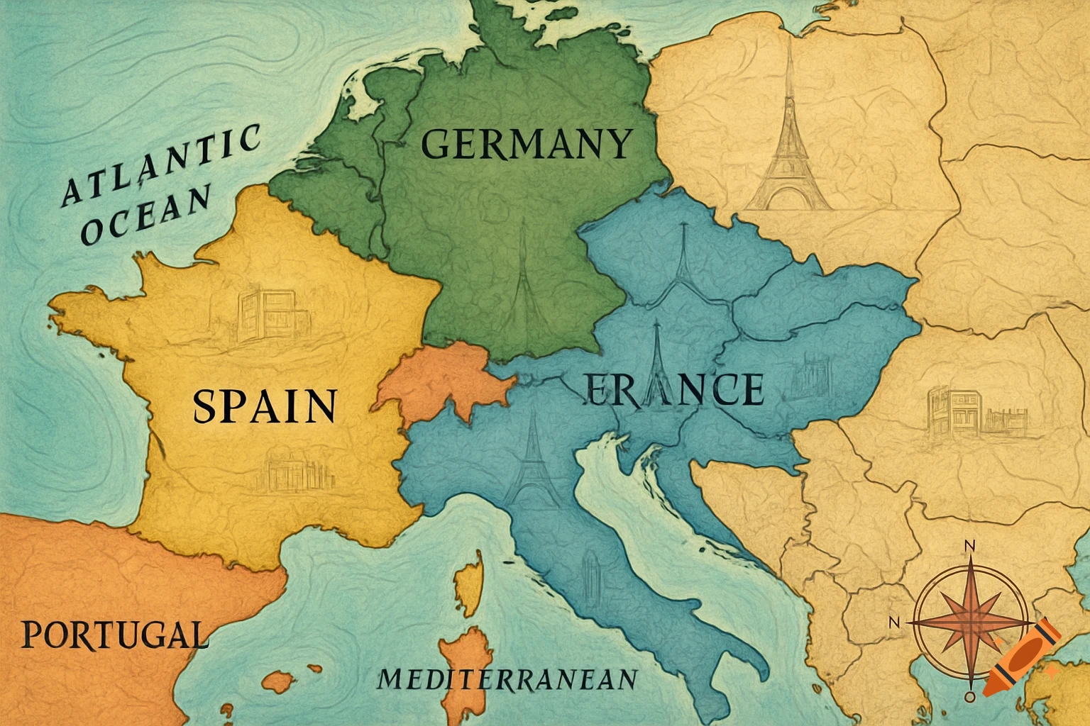 An old-world style map of Western Europe, showing Germany, France, Spain, and Portugal, with the Atlantic Ocean and Mediterranean Sea labeled.