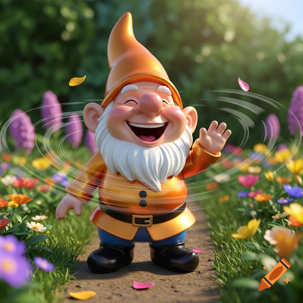 A cheerful plastic garden gnome with an orange hat and outfit waves, laughing in a vibrant flower garden on a sunny day.