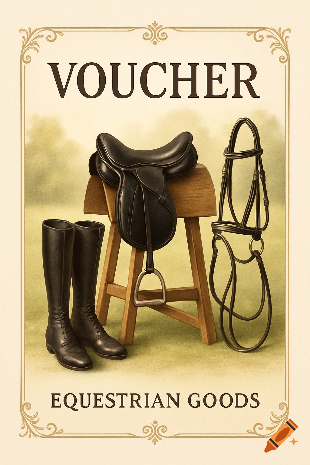 A vintage-style voucher featuring a saddle, riding boots, and a bridle on a wooden stool, framed by decorative borders.