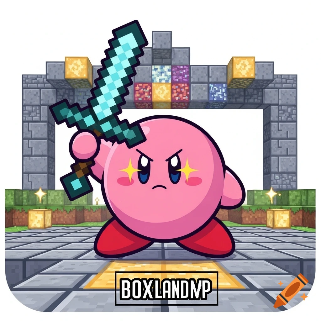 Pink Kirby character with determined eyes, holding a pixelated diamond sword in a Minecraft-style stone arena with ores.