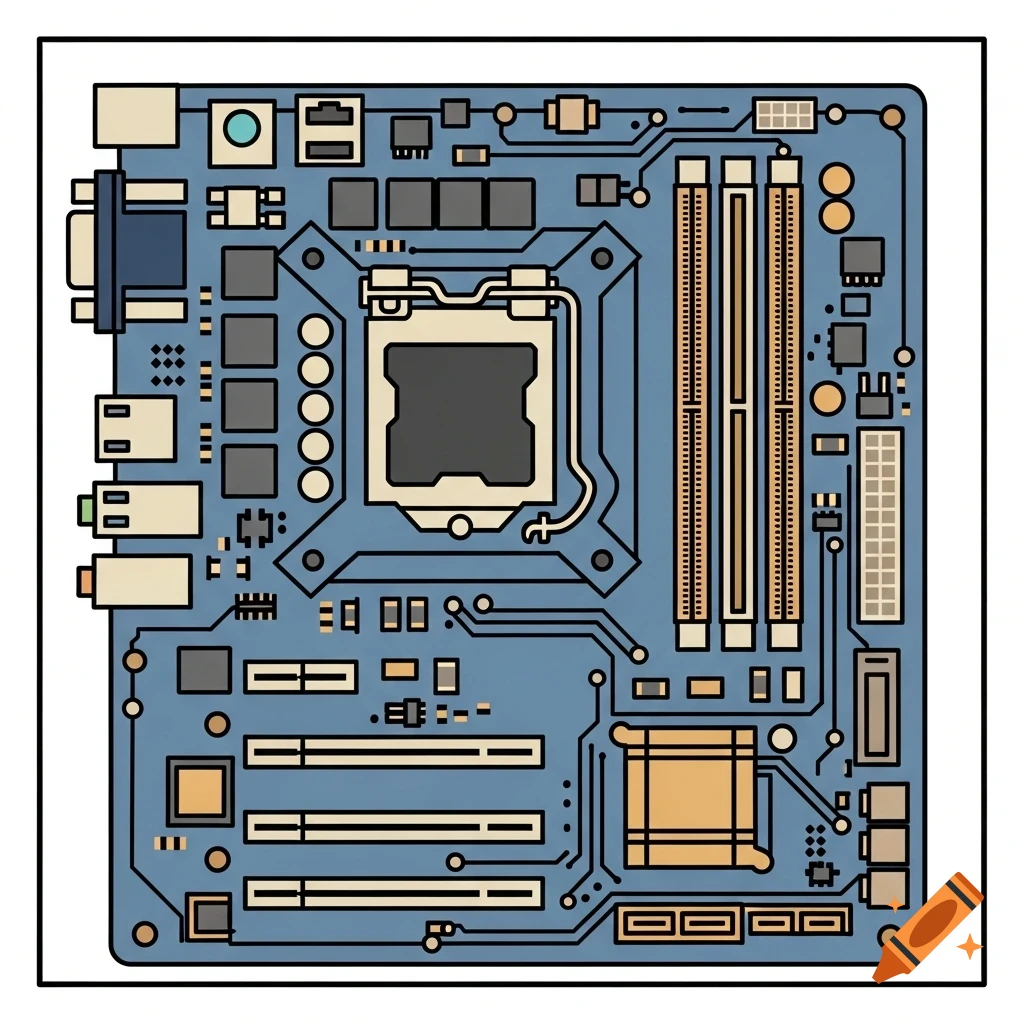 A stylized flat vector illustration of a computer motherboard with muted blue background and beige components.