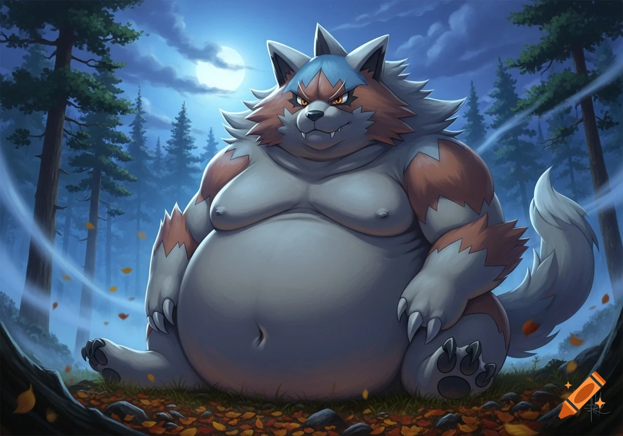 An extremely obese, anthropomorphic Lycanroc sits in a moonlit forest with autumn leaves on the ground, illustrated in a cartoon style.