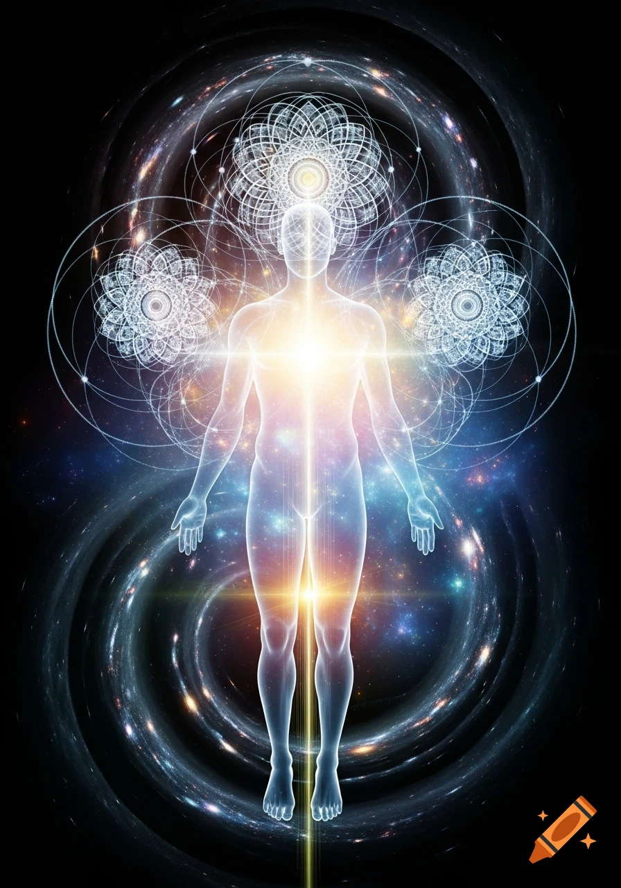 A glowing, translucent human figure surrounded by intricate geometric patterns against a vibrant cosmic background with swirling galaxies.