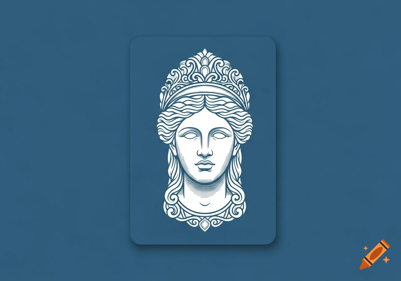 White line art of a classical Fortuna-style female figure with intricate hair on a deep blue card background.